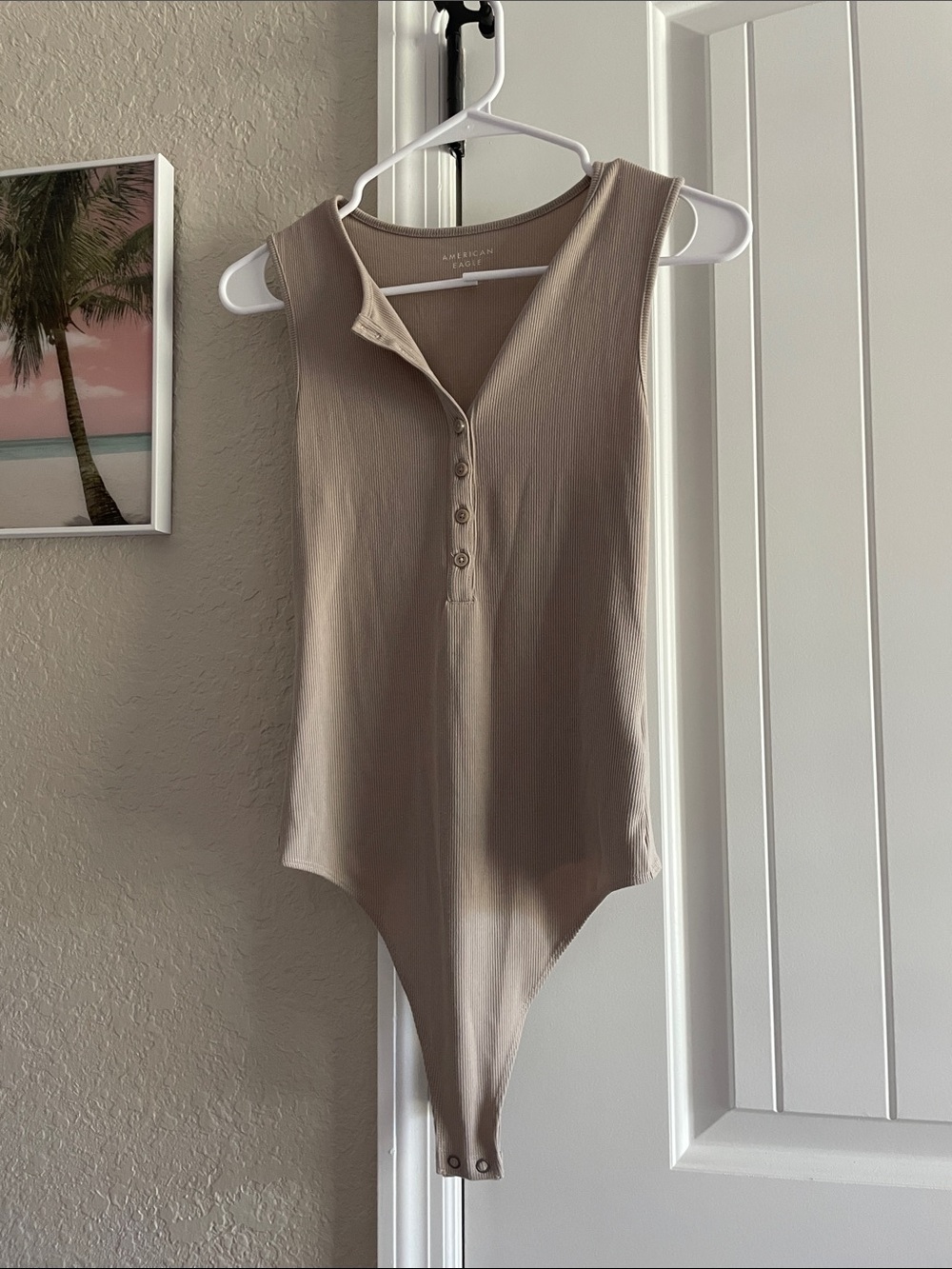 American Eagle Outfitters Taupe Henley Ribbed Bodysuit